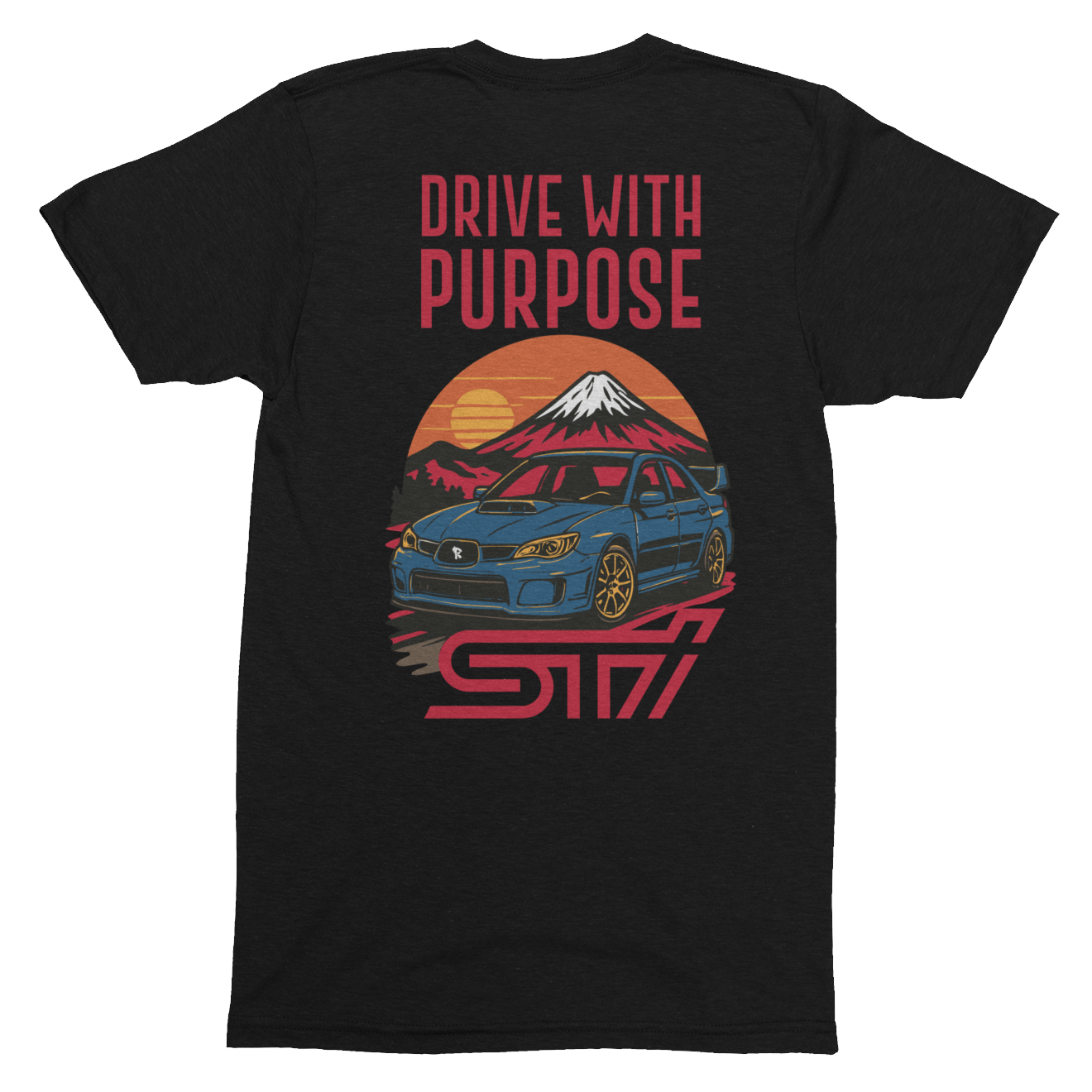 Black t-shirt with a graphic of a car, mountain, and sunset with 'Drive with Purpose' text on a white background.