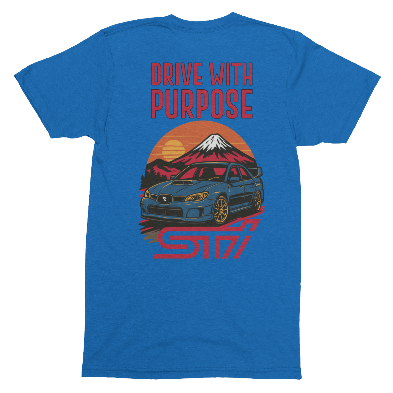 Blue t-shirt with a graphic design of a car, mountain, and sunset on the back.