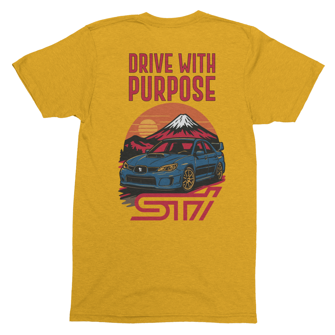 Yellow t-shirt with a graphic of a car, mountain, and text 'Drive with Purpose' on a white background