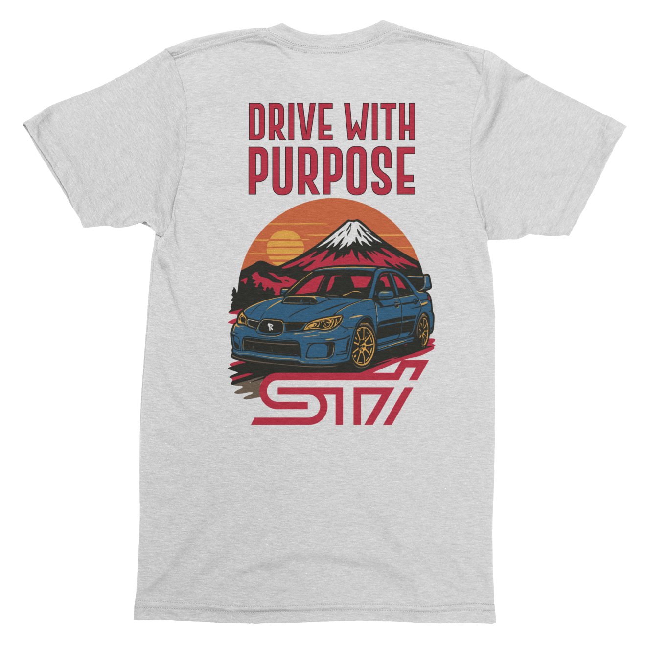 Gray t-shirt with a graphic of a car, mountain, and sunset with 'Drive with Purpose' text on the back.