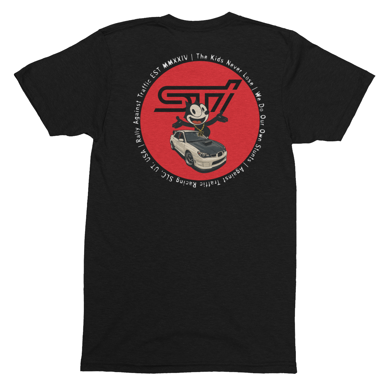 Black t-shirt with a red logo and graphic on the back, on a white background