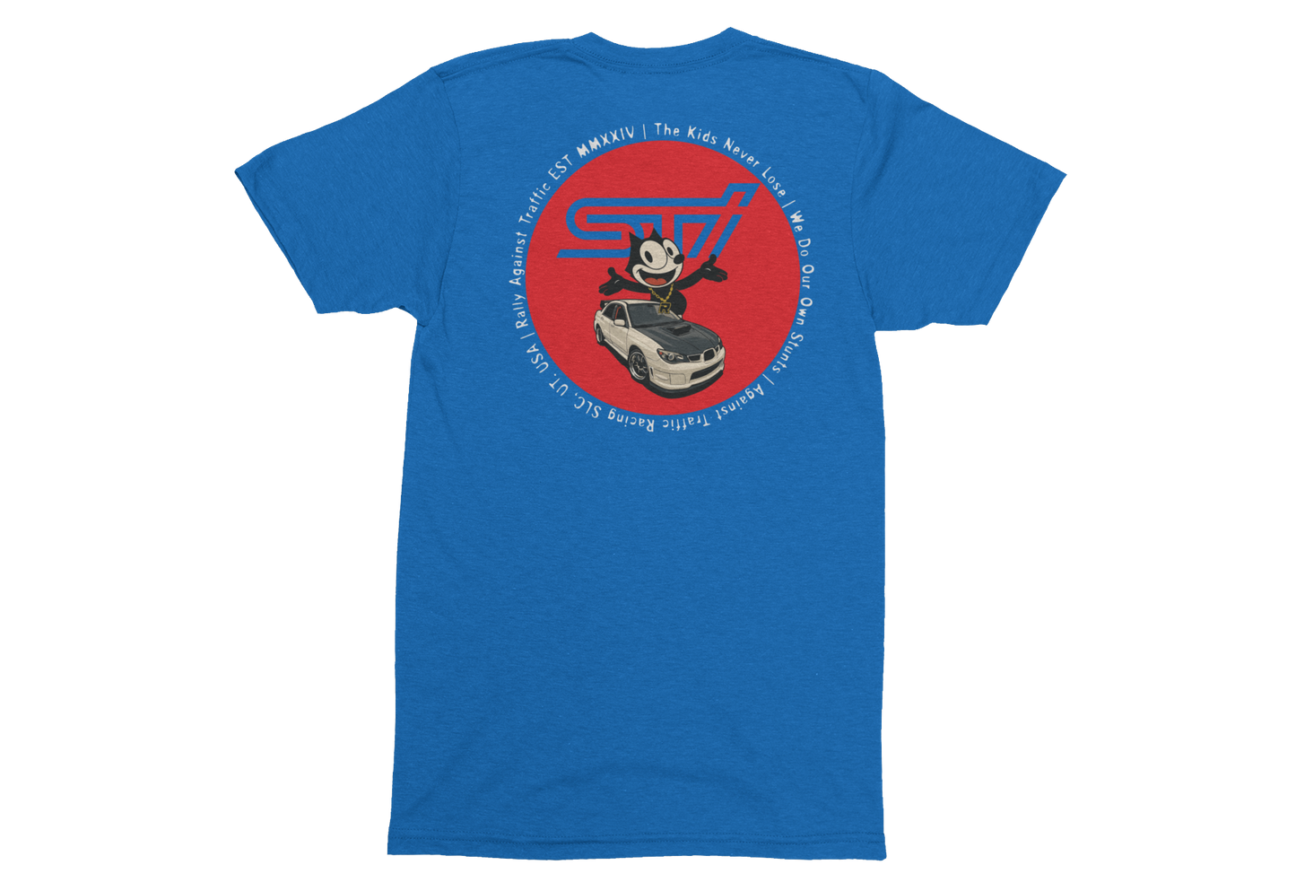 Blue t-shirt with a red circular logo on the back, featuring a car and text.