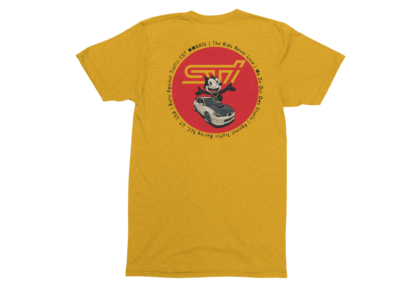 Yellow t-shirt with a graphic design on the back featuring a car and text, on a white background.