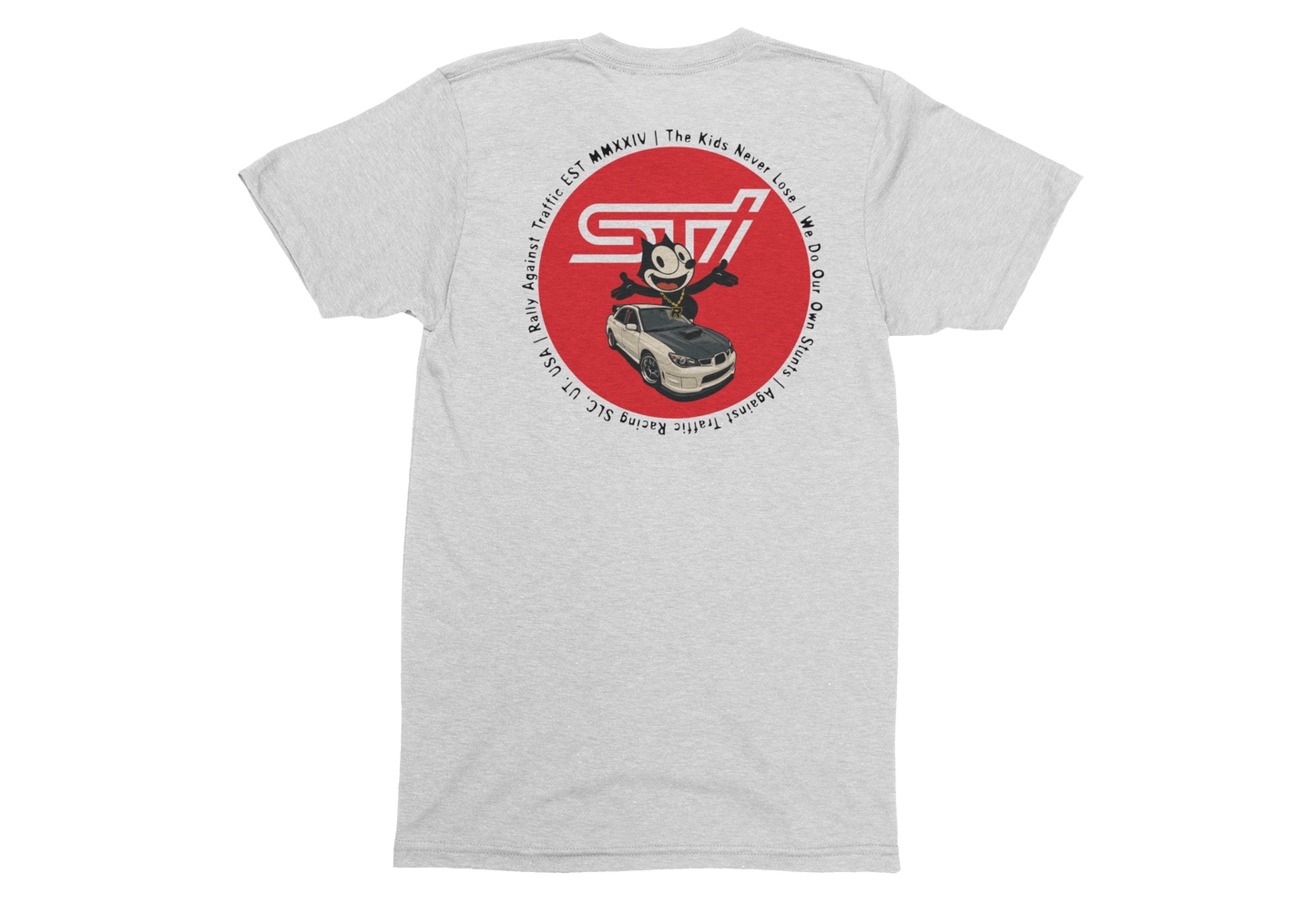 Gray t-shirt with a red logo and graphic on a white background