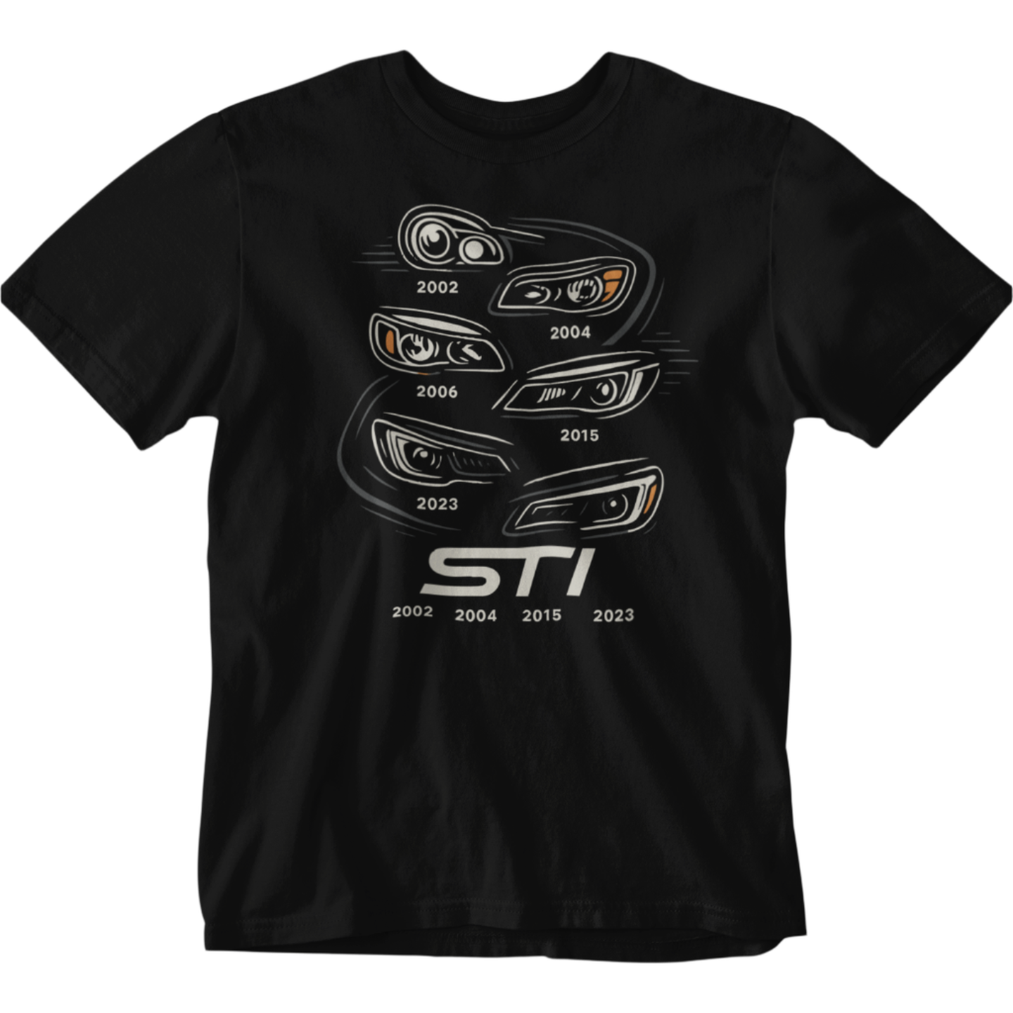Black t-shirt with car grille design and 'STI' text on a white background