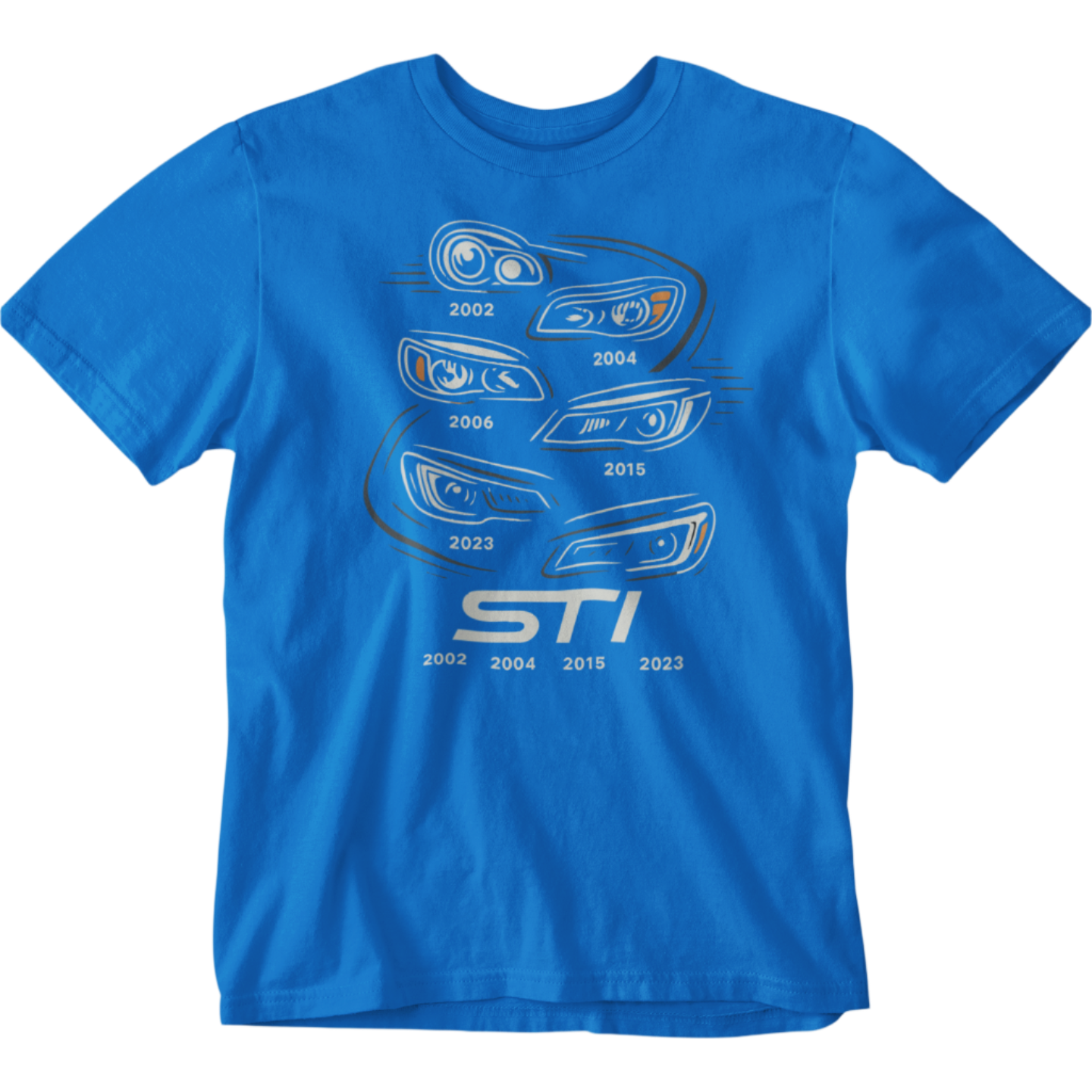 Blue t-shirt with car grille design and 'STI' logo on a white background