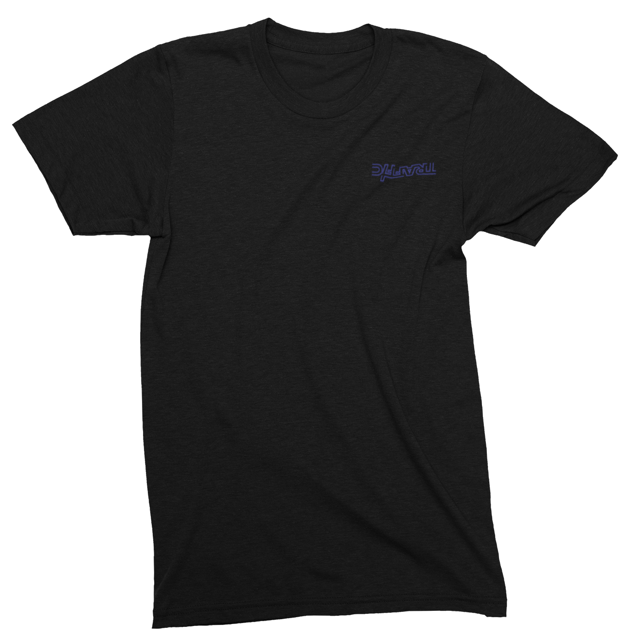 Black t-shirt with a small logo on the chest against a white background