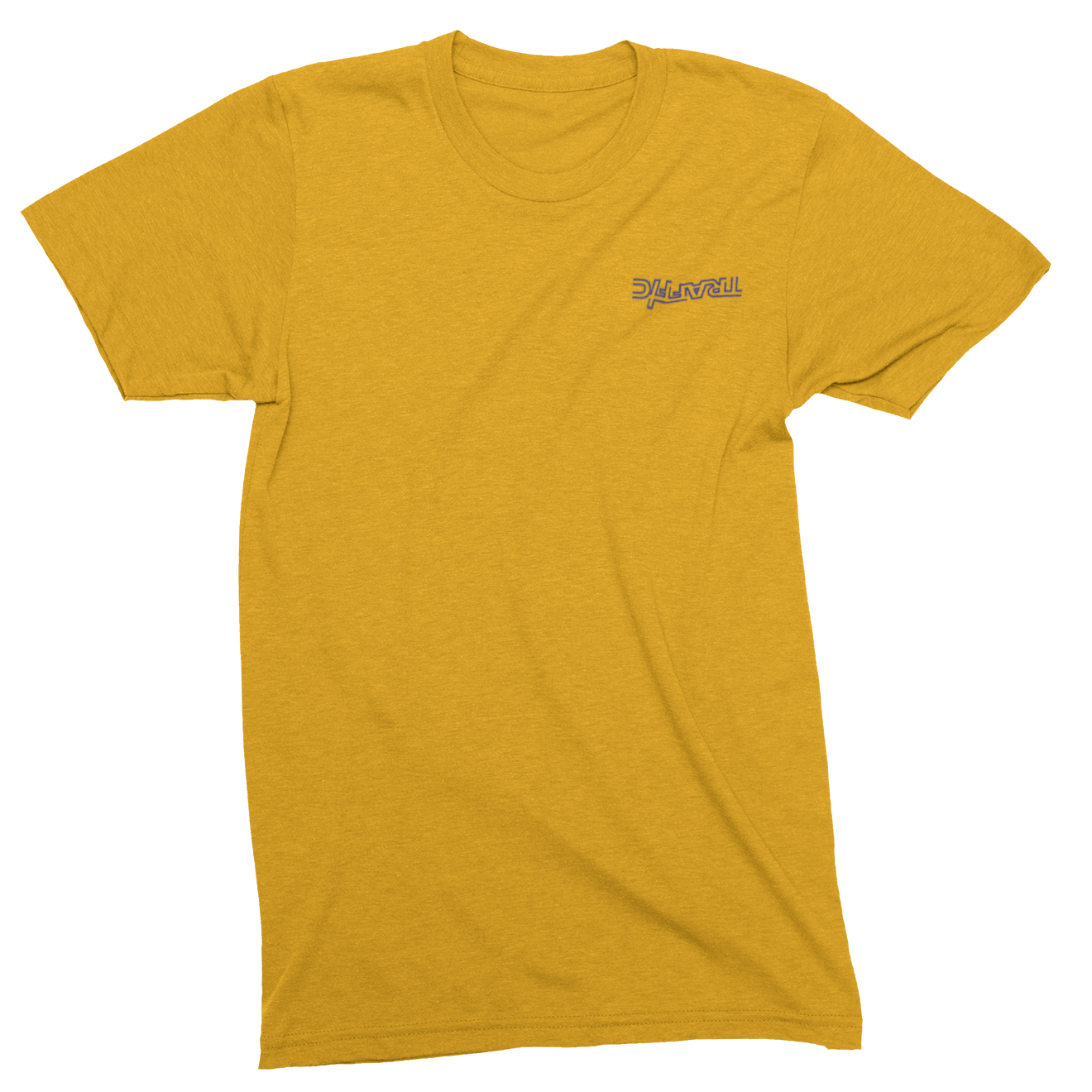 Yellow t-shirt with a small logo on a white background