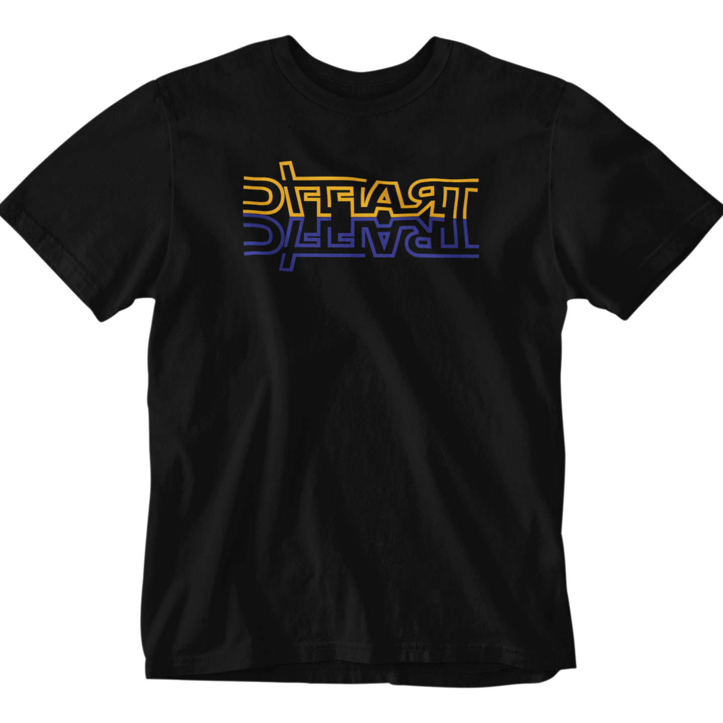 Black t-shirt with colorful text design on a white background