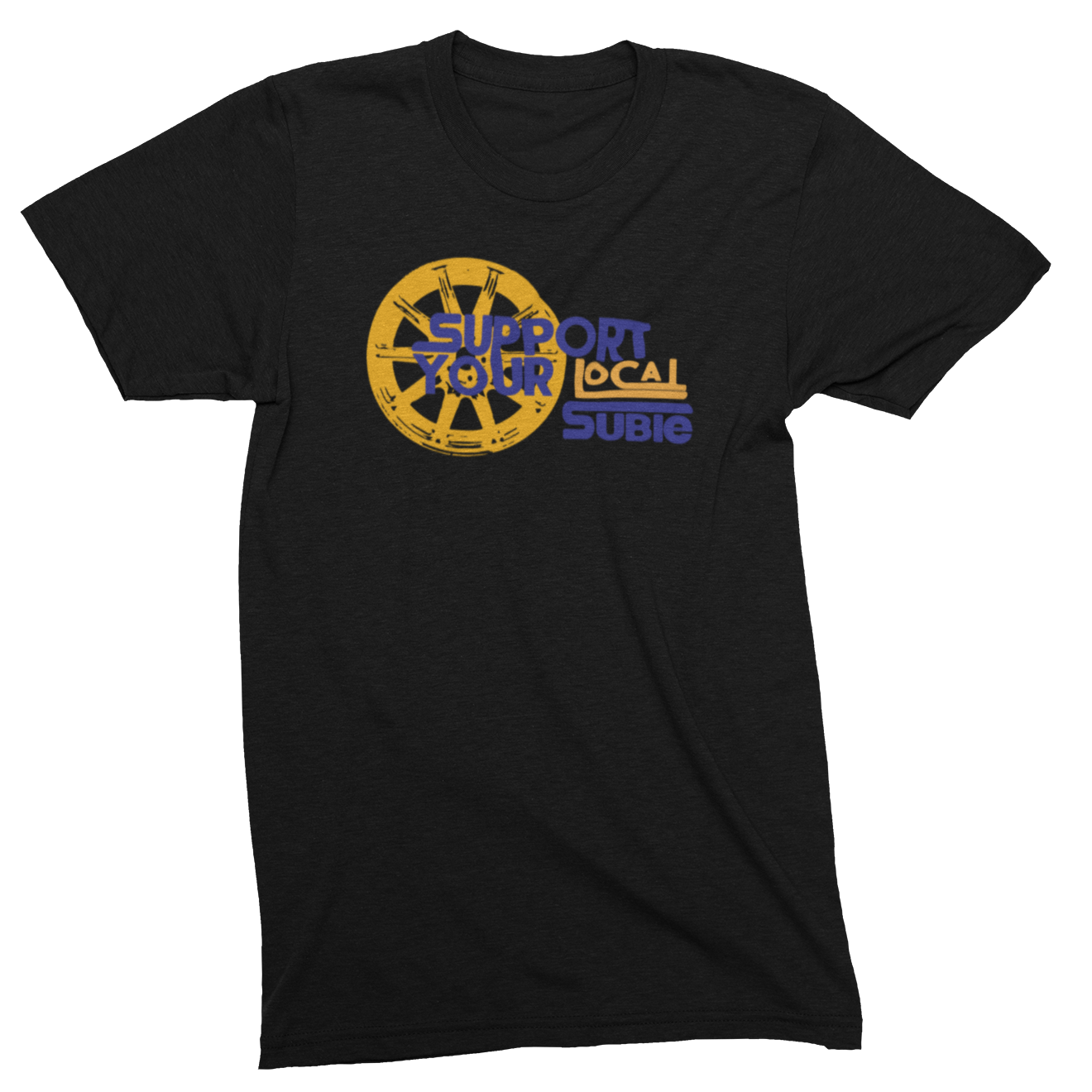 Black t-shirt with a yellow and blue graphic design on a white background