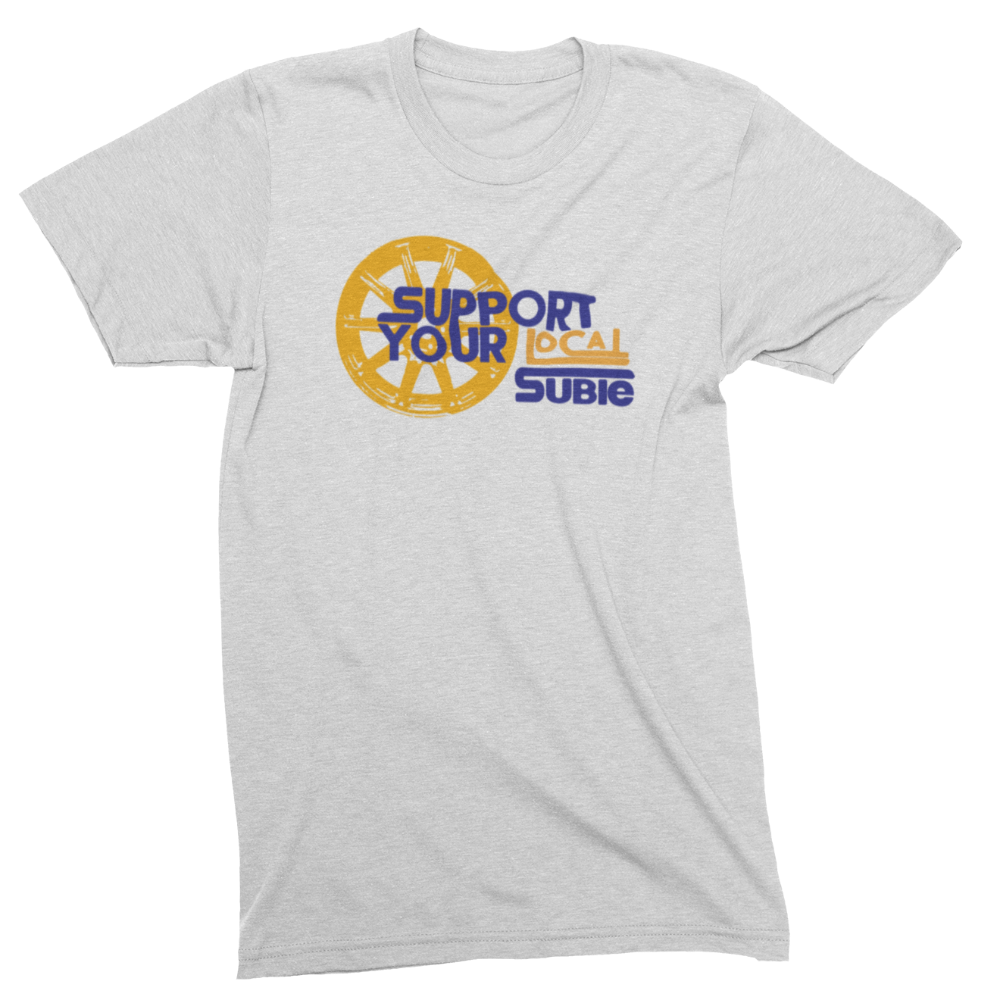 Gray t-shirt with 'Support Your Local Subie' graphic on a white background