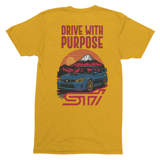 Yellow t-shirt with a graphic of a car, mountain, and text 'Drive with Purpose' on a white background