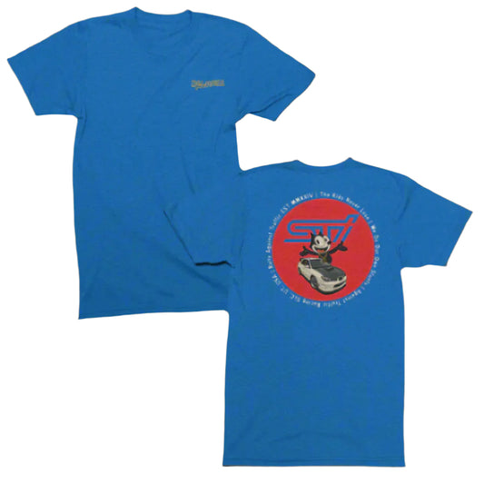 Blue t-shirt with a cartoon character and car graphic on the back, on a white background