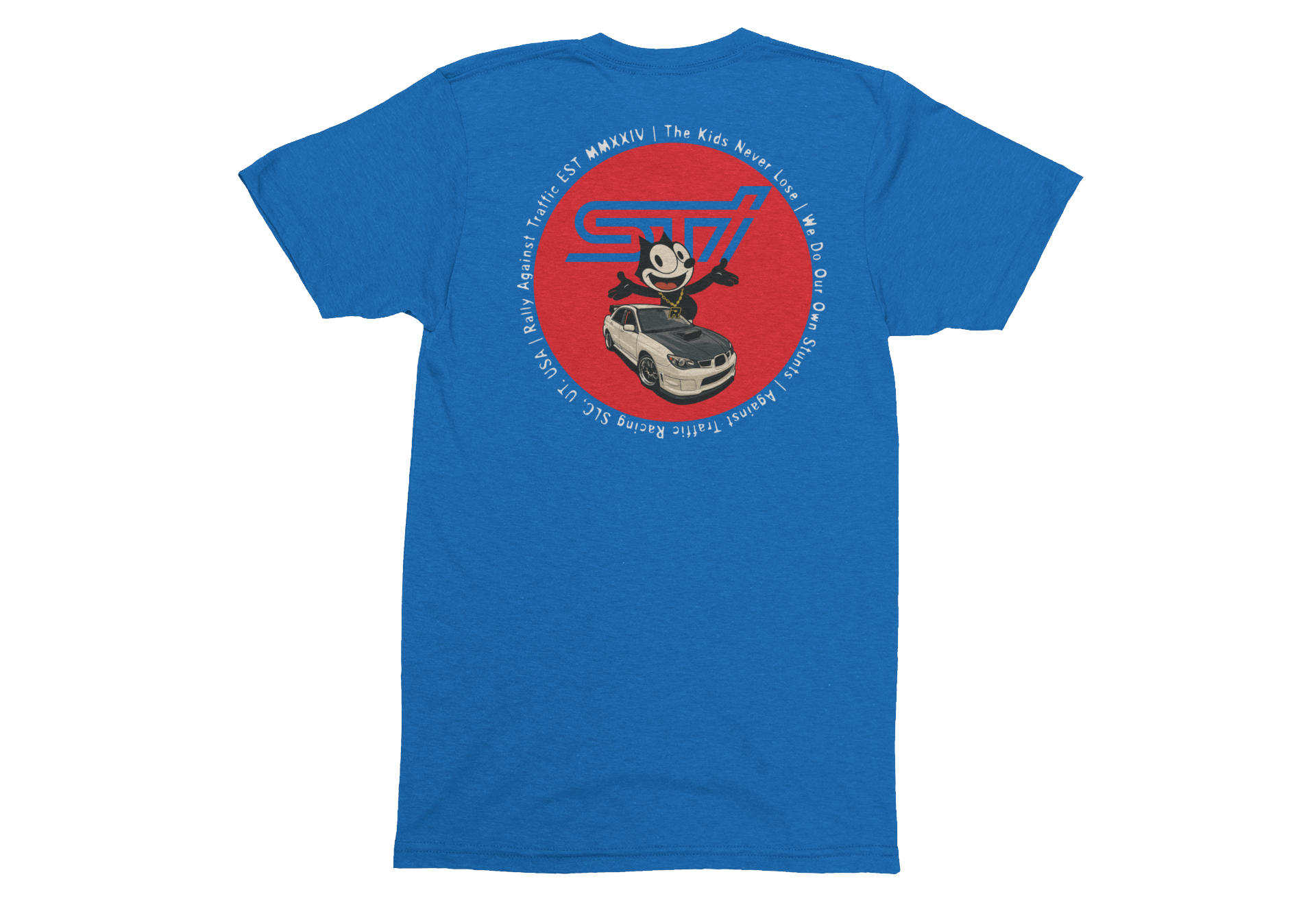 Blue t-shirt with a red circular logo on the back, featuring a car and text.