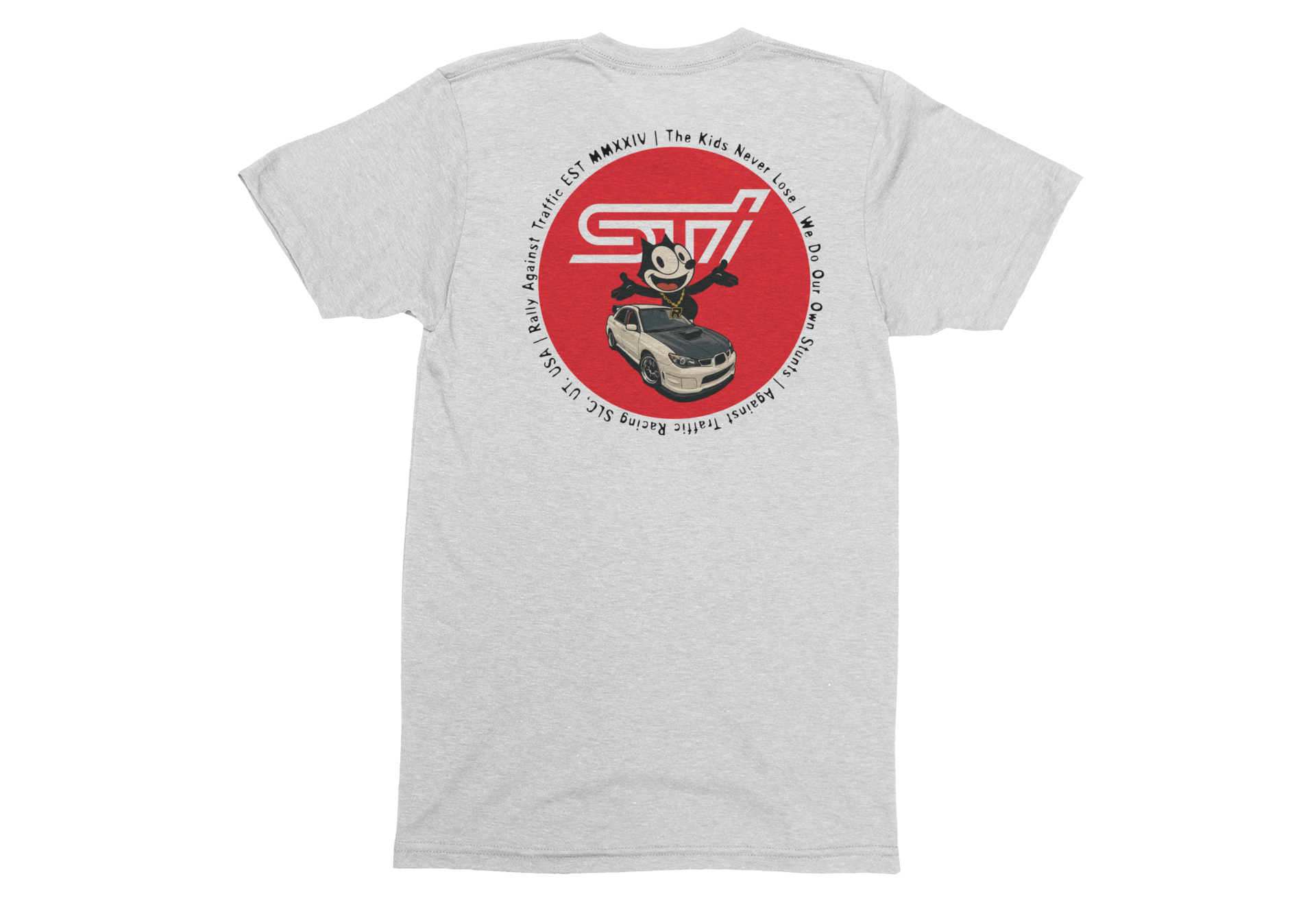 Gray t-shirt with a red logo and graphic on a white background