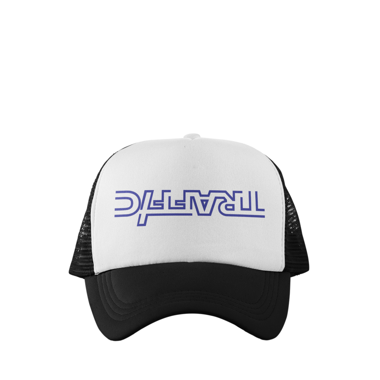 White and black cap with purple text on a white background
