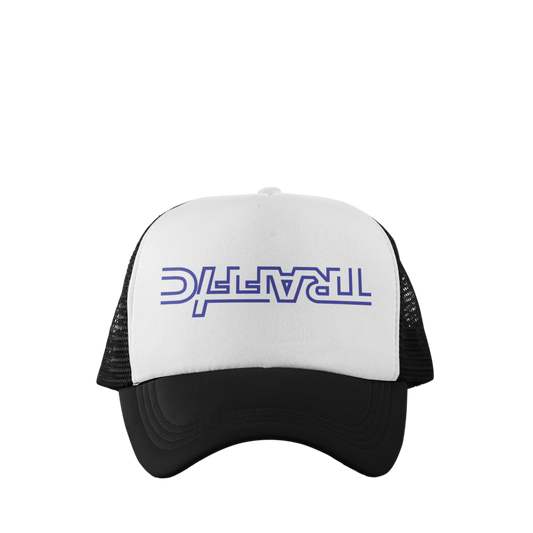 White and black cap with purple text on a white background