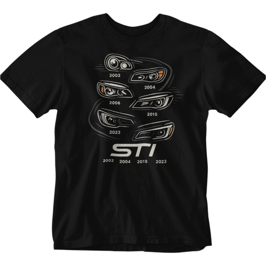 Black t-shirt with car grille design and 'STI' text on a white background