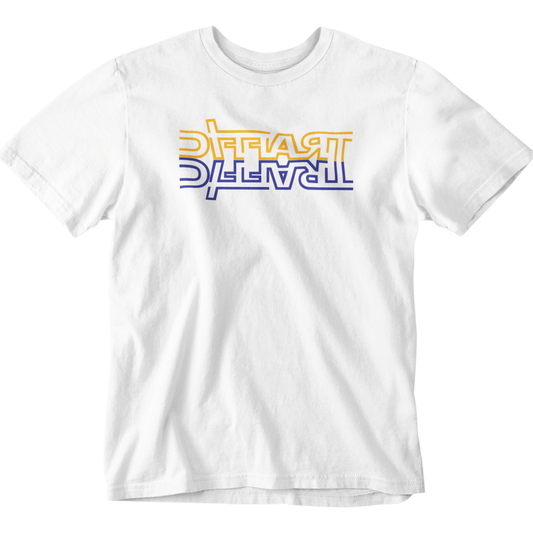 White t-shirt with colorful text design on a white background